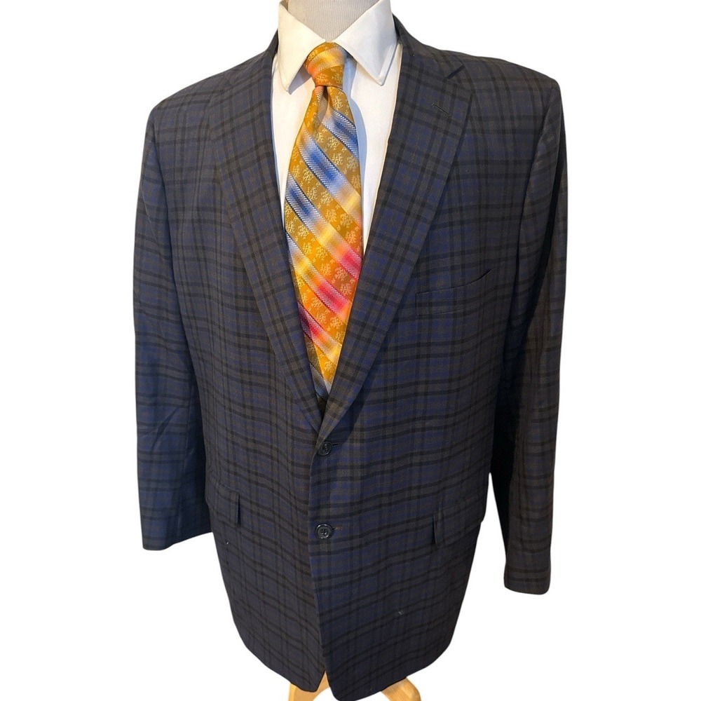 Tom James Executive Collection Bespoke Blue Gray Plaid Wool Blazer Jacket Sz 48R